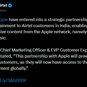 Airtel and Apple Partnership : User Can access Apple TV+ with Airtel plans